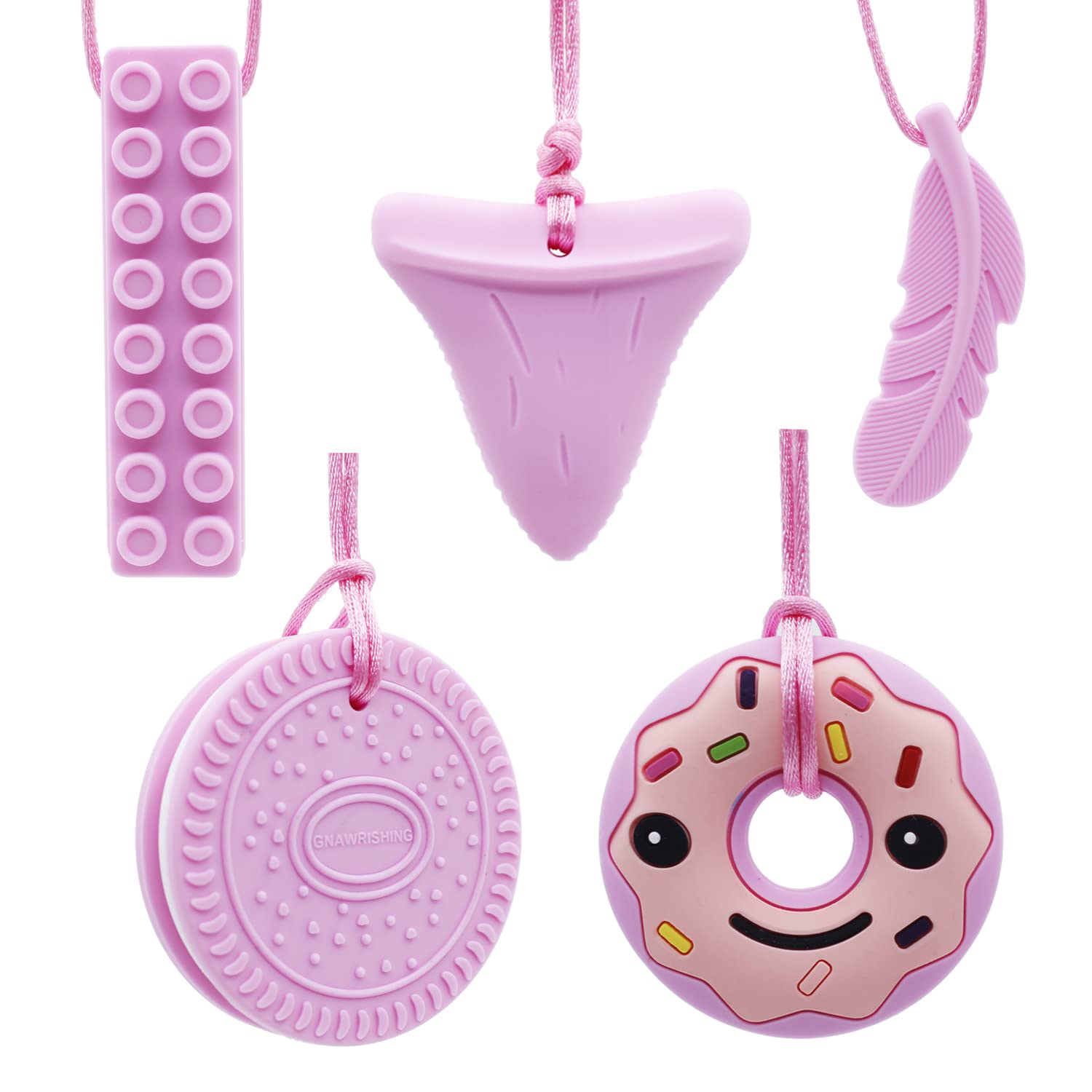 GNAWRISHING Chew Necklaces for Sensory Kids 5 Pcs Pink Sensory Chewy Toys for Autism Girls and Boys, ADHD Toddler, Adult