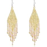 Color Boho Rice Beads Tassel Earrings.Multicolor Long Beaded Dangle Earrings Handmade Woven Drop Earrings Jewelry Gifts for Women