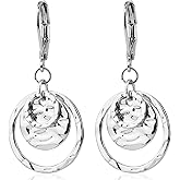 Disc Leverback Earrings for Women, Bohemian Circle Disc Flat Hammer Pattern Drop Earrings Trendy Silver Leverback Dangle Earring for Women Fashion Jewelry Birthday