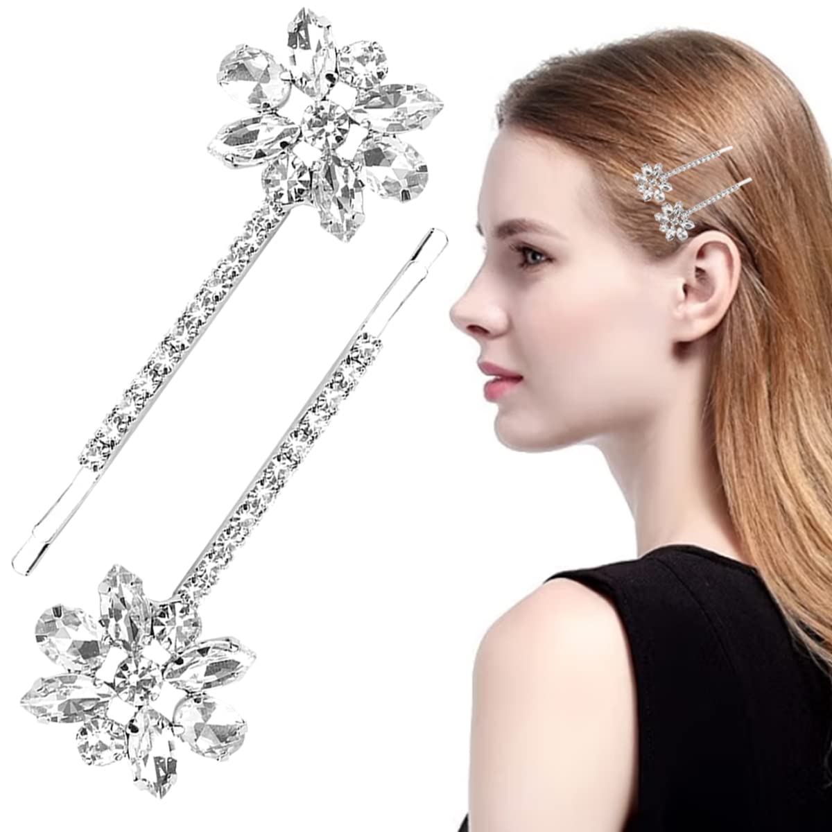 FERCAISH Elegant Crystal Flower Hair Pins, Metal Rhinestone Floral Bobby Pins Hair Accessories for Women Girls Hair Decoration