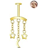Crescent Moon Star Chain Vertical Hidden Helix Stud Earrings Dangle 316L Stainless Steel Flat Back Threadless Push-Pin Cartilage Rook Piercing Jewelry