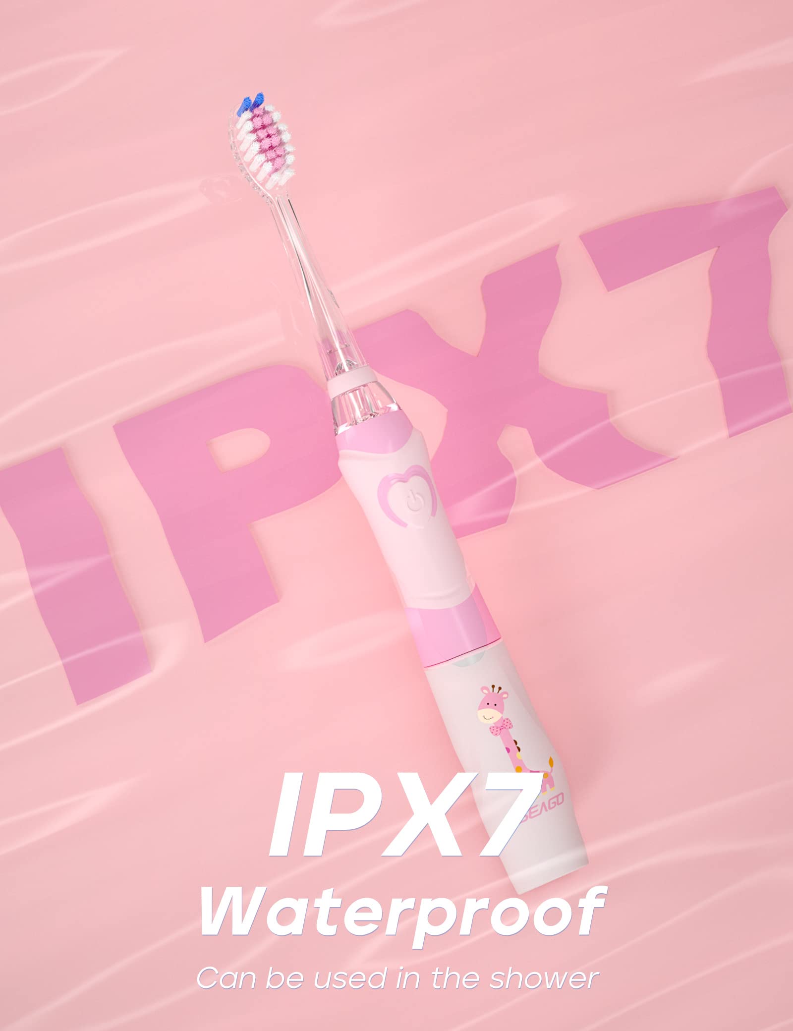 SEAGO Kids Electric Toothbrush with 2 Mins Timer and 4 Replacement Bursh Heads, Rainbow LED Light Make Brushing Fun, Pink Color Girls Battery Powerd for 4-12 Years Old，SG-977