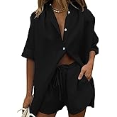 Fixmatti Women 2 Piece Outfits Long Sleeve Button Down Blouse and Shorts Sweatsuit Sets