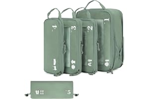 ECOHUB 5 Set Compression Packing Cubes for Suitcases Organiser Bags Set Travel Essentials with Shoe Bags for Travel Tear-resistant Travel Accessories with ID Tag Expandable Packing Bags(Green)