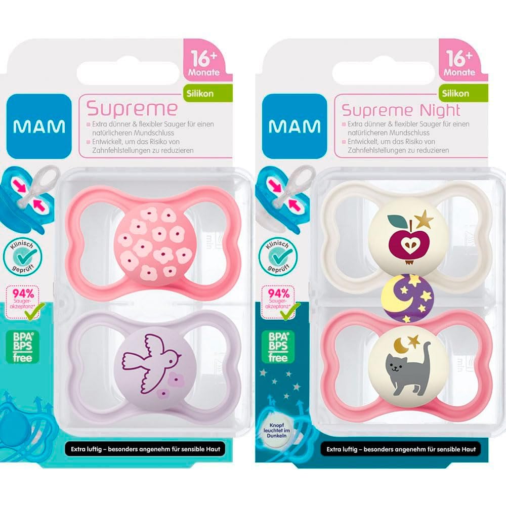 MAM Supreme Dental Dummy 16+ Months, Pack of 4 for Girls, Thin Teat - Orthodontic Soother, Skin-Friendly with Extra air Flow, incl. sterilising and Transport Box