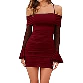 Yousify Womens Bodycon Mini Dress Y2K Ruffled Long Sleeve Halter Off Shoulder Ruched Mesh Club Cocktail Party Dresses