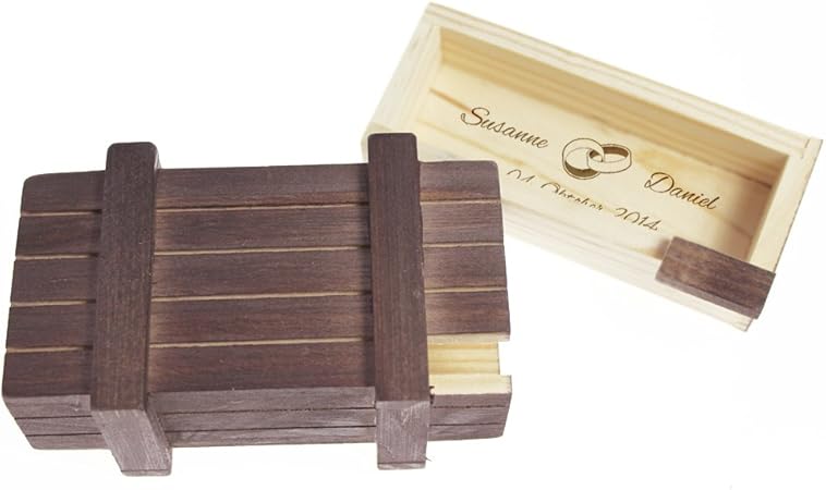 Caja regalo mágica de madera oscura – Caja personalizada con [nombres] y [fecha] – Motivo [Anillos de boda] – Juego de ingenio – Caja regalo – 10,5 cm x 6,5 cm x 4 cm: Amazon.es: Hogar