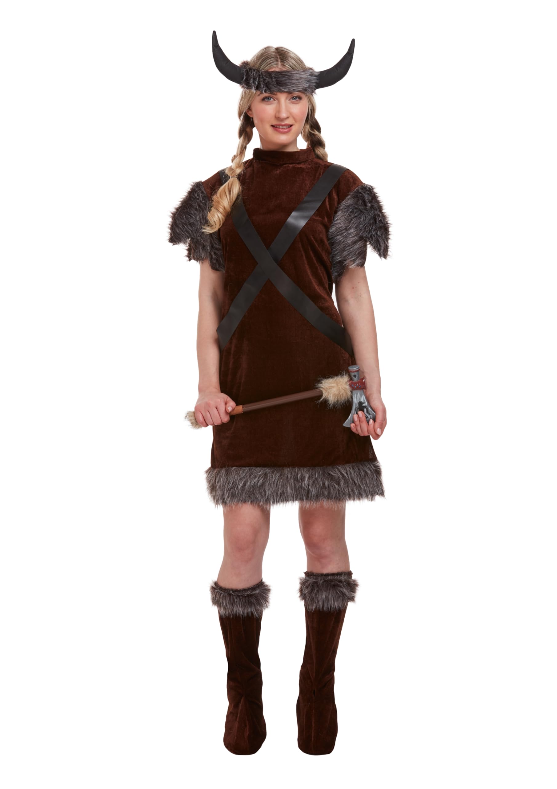 HENBRANDT Adult Womenβs Horned Viking Warrior Fancy Dress Costume Female Dragon Tamer with Faux Fur Dress Up Outfit One Size Ladies Fancy Dress Costume