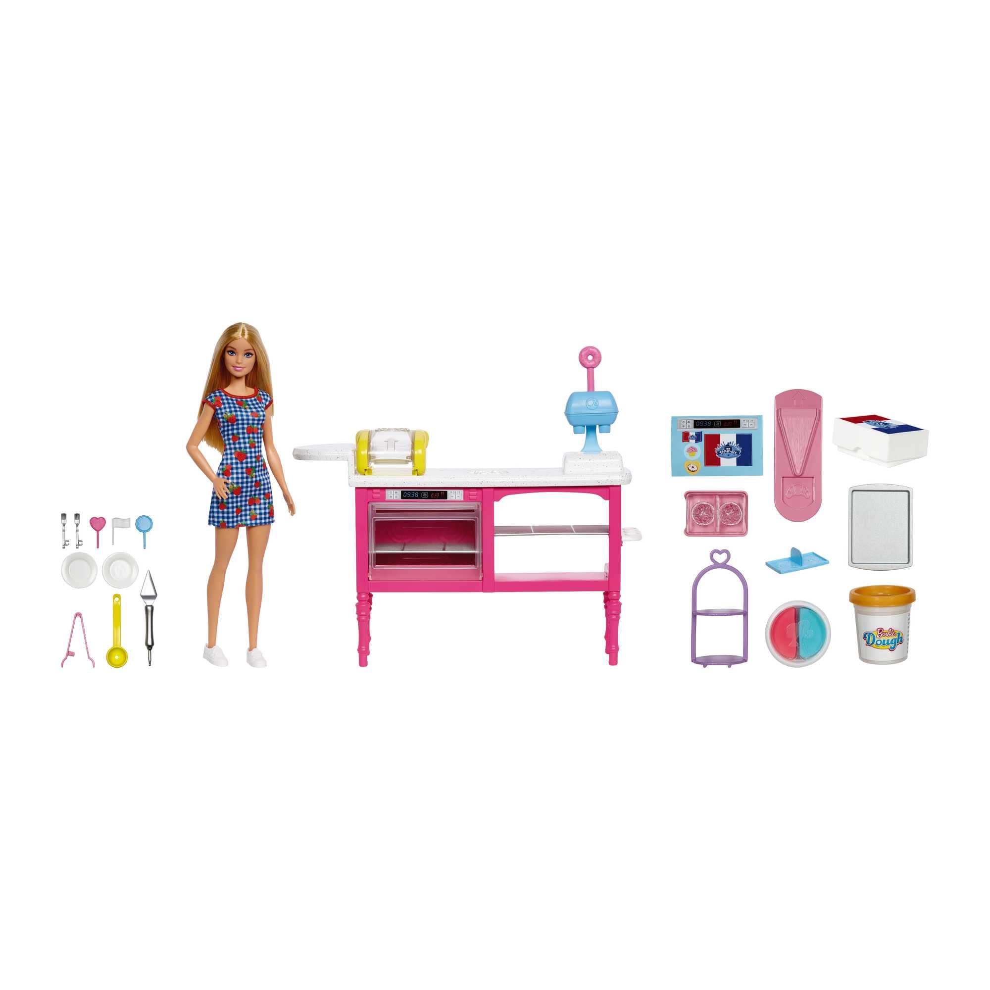 Barbie Doll and Accessories, “Malibu” Doll and 18 Pastry-Making Pieces Including Sculpting Dough and Molds, It Takes Two Café Playset, HJY19