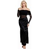 POEMCROWN Women Off Shoulder Bodycon Long Sleeve Mesh Party Formal Gown Wedding Guest Maxi Dress