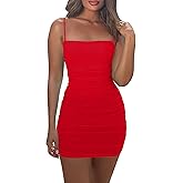 Mizoci Women's Sexy Sleeveless Ruched Spaghetti Strap Bodycon Mini Club Party Dress