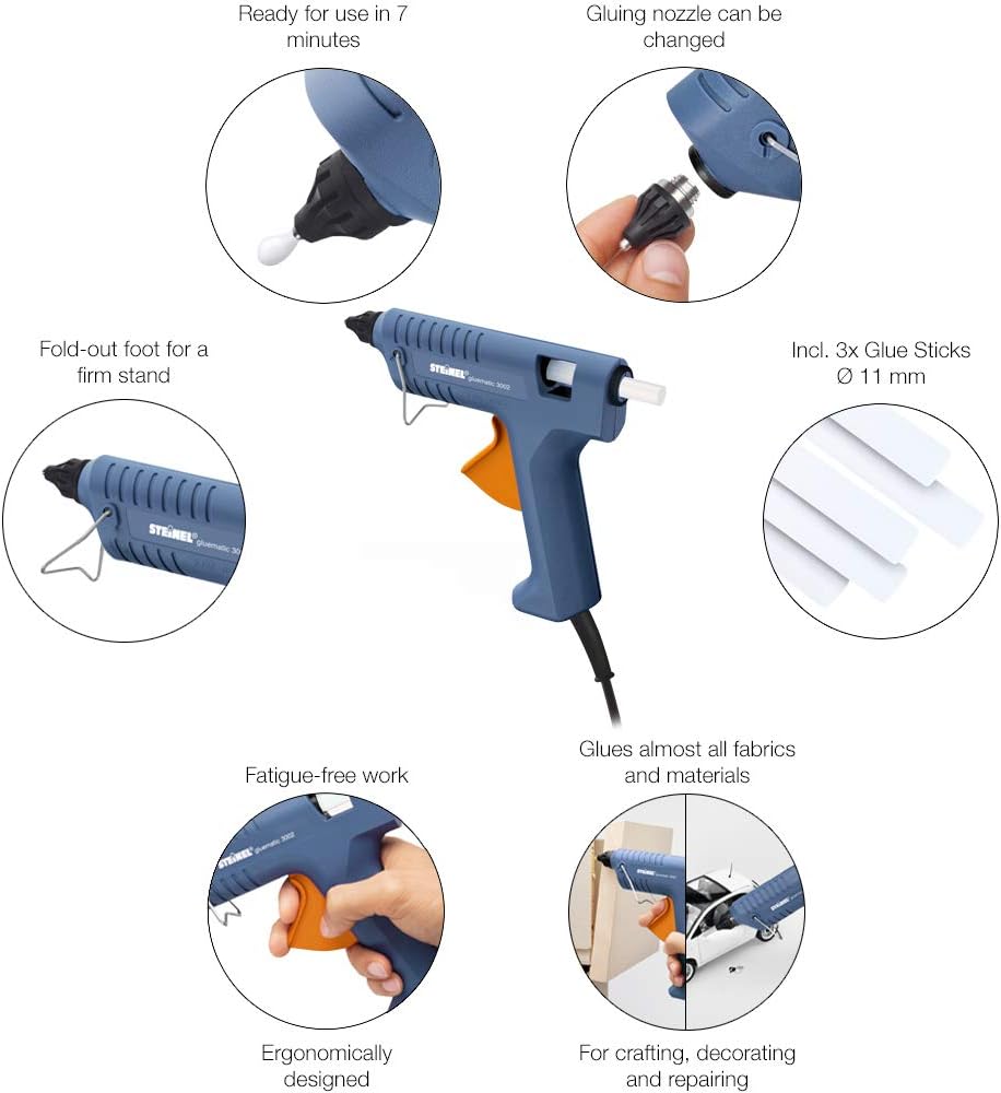 Steinel Gluematic 3002 - glue gun, PTC heating technology, delivery rate 16 g/min, incl. 3 ULTRA power glue sticks 11 mm, Blue - Image 4