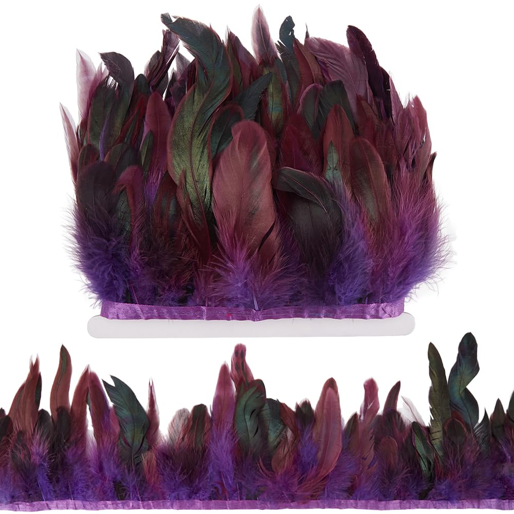 GORGECRAFT 5m 13-18cm Width Rooster Hackle Feather Fringe Trim Purple Craft Feathers Trimmings Decoration Natural Feather Trim Ribbon for DIY Shawl Hat Halloween Carnival Cosplay Costume Accessories