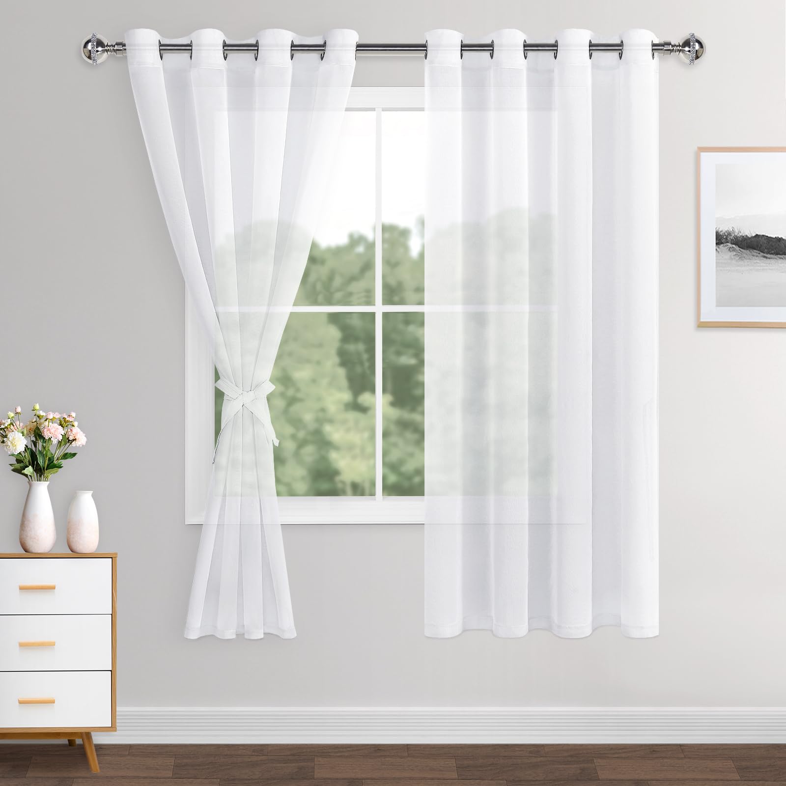 XWZO Linen Look Voile Curtains White,Grommet Top Semi Transparent Eyelet Sheer Drapes for Living Room,Kids Room,W55*L63,2 Panels