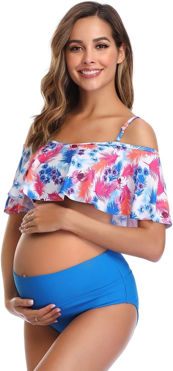 Womens Maternity Bikini Flounce Printed High Waisted Two Piece Swimsuit
