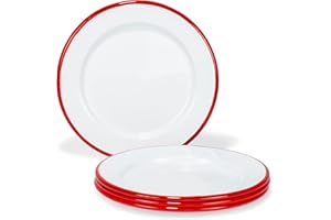 Red Co. Set of 4 Enamelware Metal Classic 8" Round Salad Plate, Solid White/Red Rim