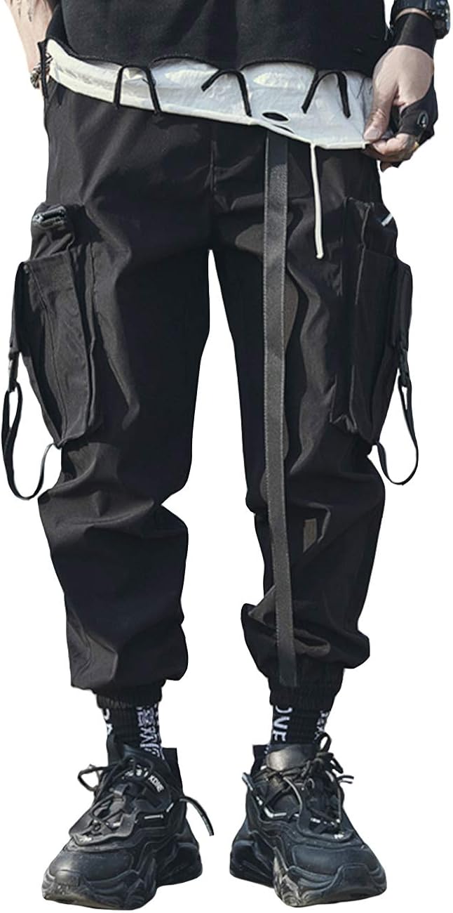 Vamtac Men's Ribbon Elastic Waist Cargo Pants Bellow Hip Hop Casual Jogger Pant with Multi 