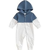 allshope Newborn Baby Boy Fall Outfit Romper Long Sleeve Hooded Contrast Color Zipper Jumpsuit Bodysuit Infant Clothes