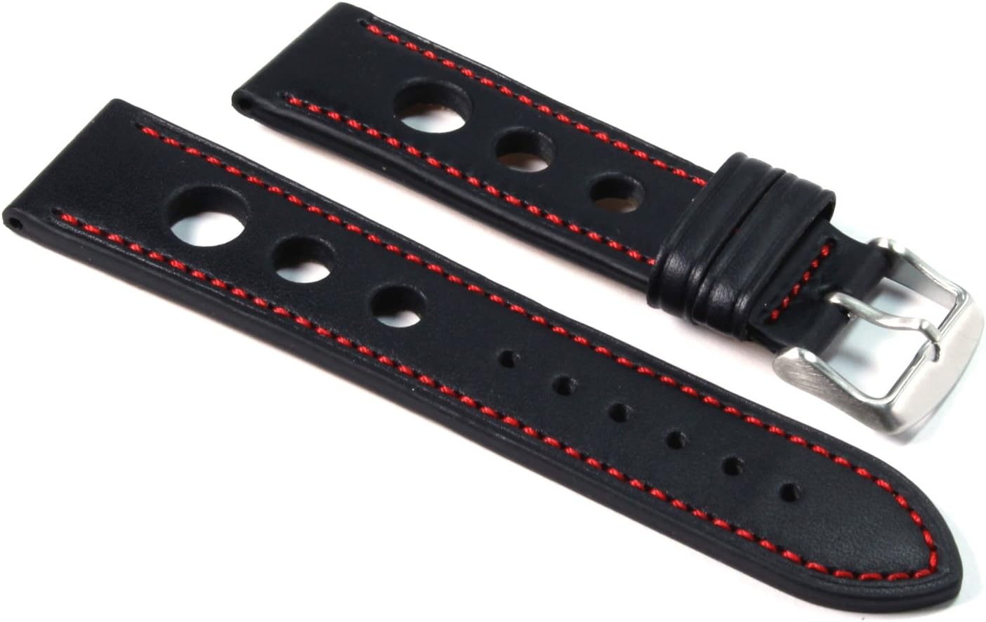 24mm Black Rally Leather Watch Strap (Red Stitching).