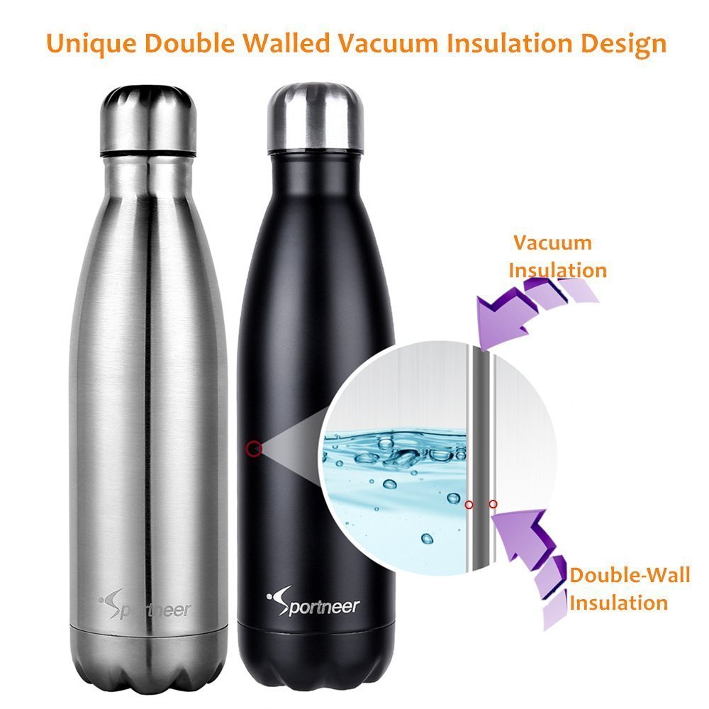 Sportneer® Portatile Borraccia in Acciaio Termica, 500ml Bottiglia Sportive Thermos, Facile da Pulire
