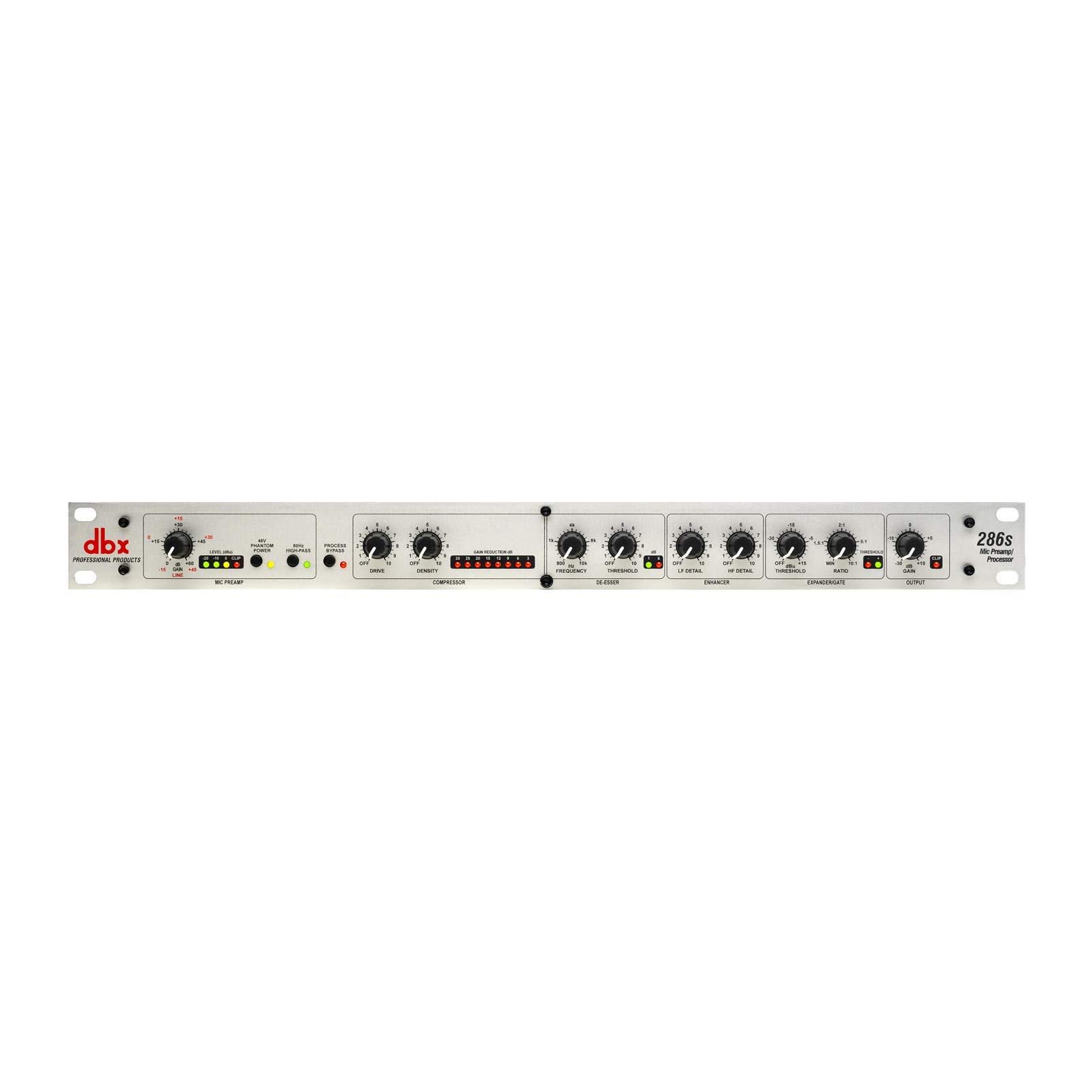 dbx DBX286SV Instrument, Microphone Preamp & Channel Strip Processor, with Compression, De-Esser, Enhancer, Expander/Gate, Loop-Out. Metering LEDs, XLR and ¼” inputs. Rack Mountable 1U. Silver