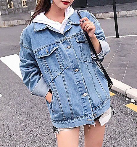MuNiSa Women's Oversize Boyfriend Denim Jacket Long Sleeve Jean Coat With Pocket S - Thumbnail 2