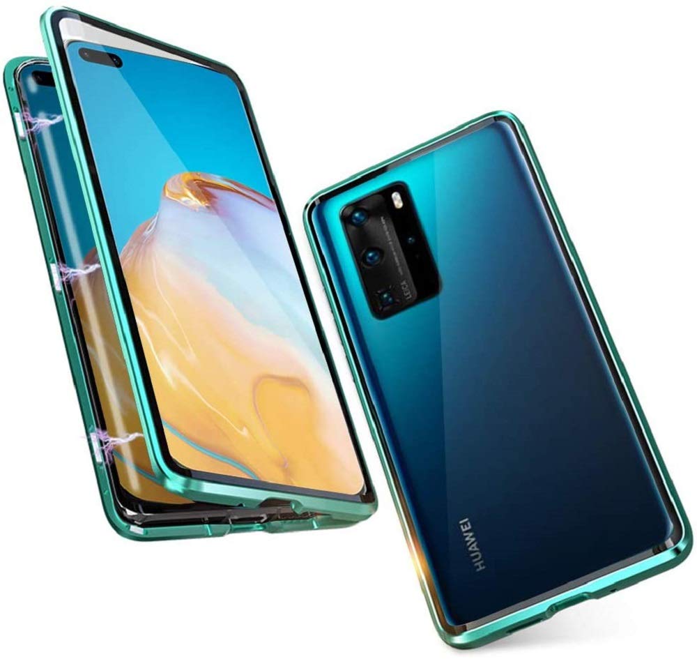 Case for Huawei P40 Cover,[Magnetic Adsorption][Metal Frame + Front and Back Tempered Glass Transparent]Flip Cover Ultra Thin Full Body Screen 360 Degrees Coveragetective Case,Green — image 1