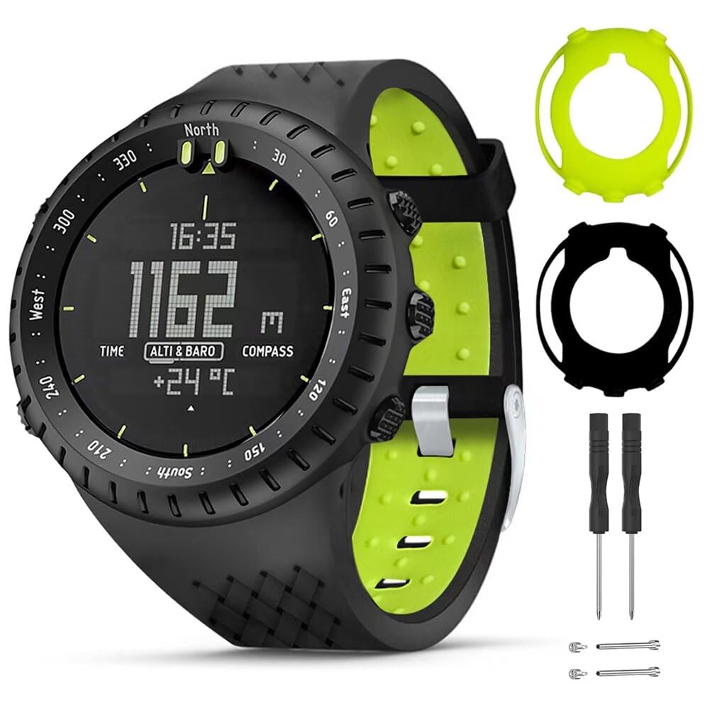 T-BLUER Watch Band Compatible with Suunto Core Bracelet, Replacement Silicone Strap and Full Protective Case for Suunto Core Smart Watch, Black Green