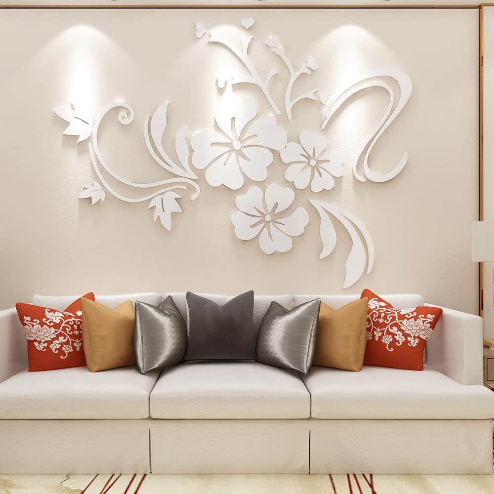 Wall Stickers Flower Mirror - 3D Wall Art for Living Room Family Decals Home Decorations for Office Sofa Bedroom (White M:48 * 64 Inch)