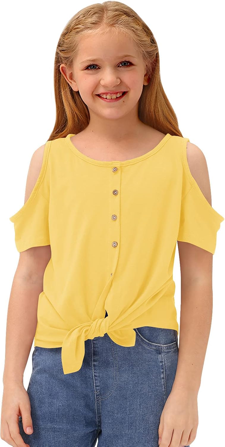 BesserBay Girl's Casual Solid Twist Knot Front Tunic Shirt Cold Shoulder Top 3-12 Years: Clothing