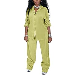 Women's Pleated Matching Sets Long Sleeve Button