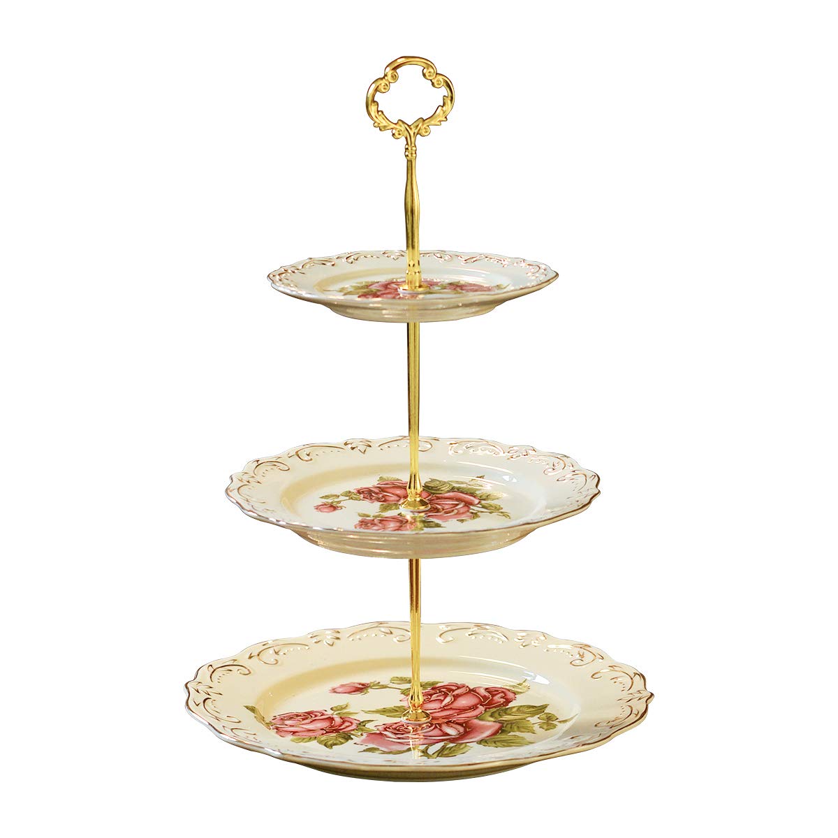 YOLIFE Porcelain 3 Tier Cake Stand, Afternoon Tea Service Cupcake Tray, Vintage Pink Rose Emboss Golden Leaves Edge Ivory for Party Food Display