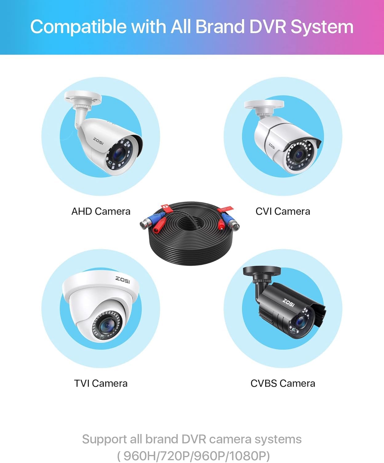 ZOSI 100ft(30M) All-in-One CCTV Video Power Cables,BNC Extension Security Wire Cord for 2MP,1080P,960H,960P,720P Video Surveillance Camera DVR System with BNC RCA Connector