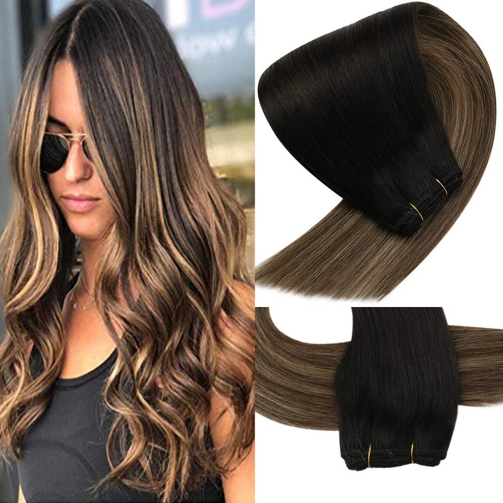 VeSunny Human Hair Weft Extensions Sew in Bundles Ombre Color #1B Natural Black Fading to #4 Dark Brown Mix #27 Caramel Blonde 20inch Human Hair Extensions Weft Bundle 100G