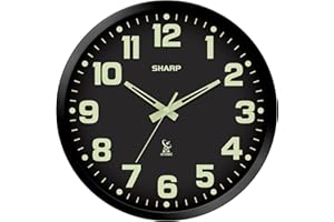 Sharp Glow in The Dark Atomic Analog Wall Clock - 12" Clock with Black Frame - Sets Automatically - Battery Operated - Easy to Read - Easy to Use – See Day or Night!