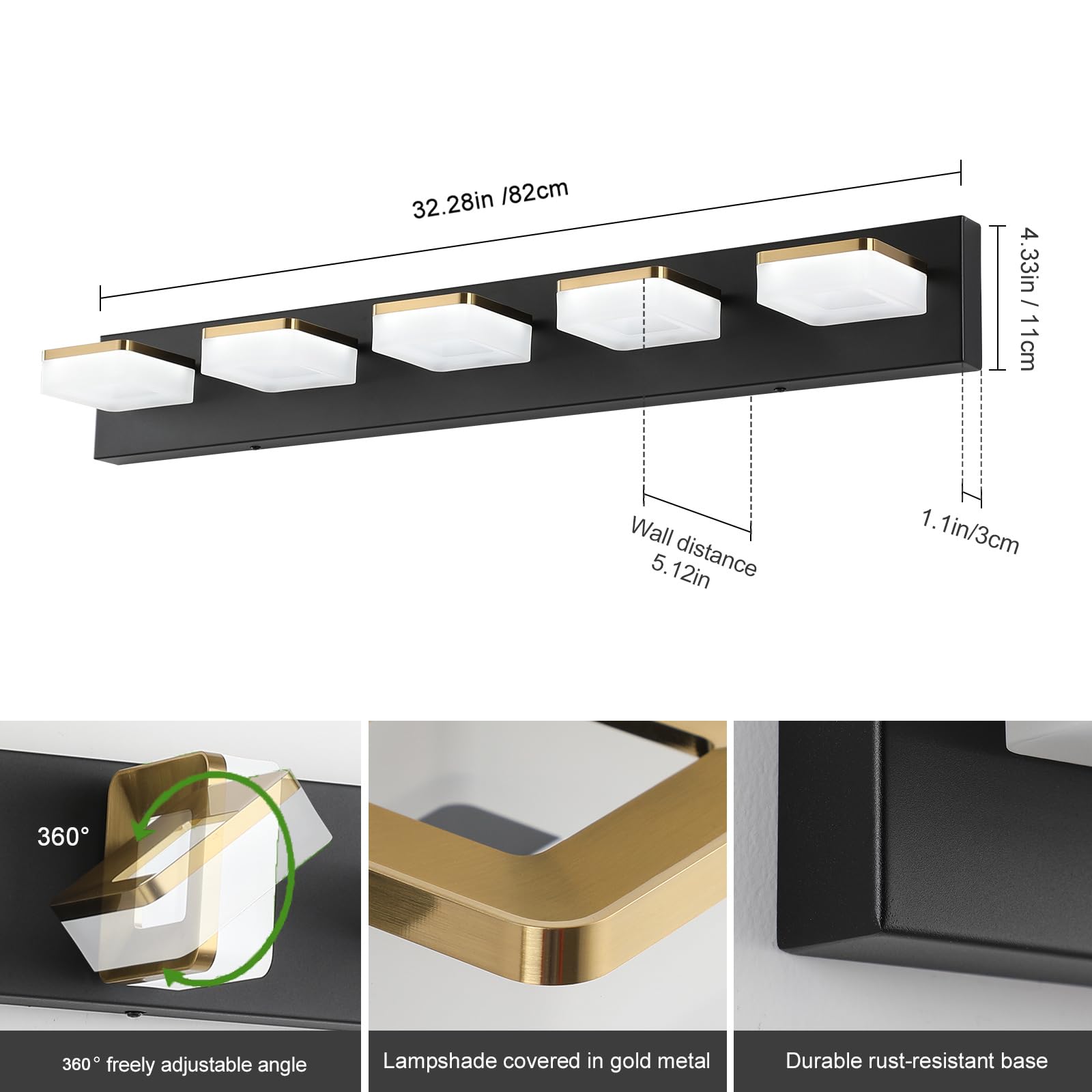 Bicrink Bathroom Vanity Light - 5-Lights LED 30W - Dimmable Over Mirror Light Fixture for Brightening Your Bath - Gold and Black Wall Sconces with Acrylic Lampshade - Daylight 5500K