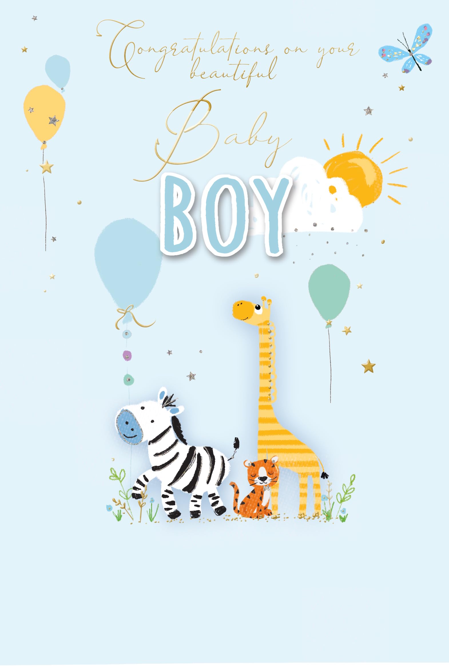 Birth of Baby Boy Greetings Card - Animals with Balloons and Gold Foil 7.75x5.25"