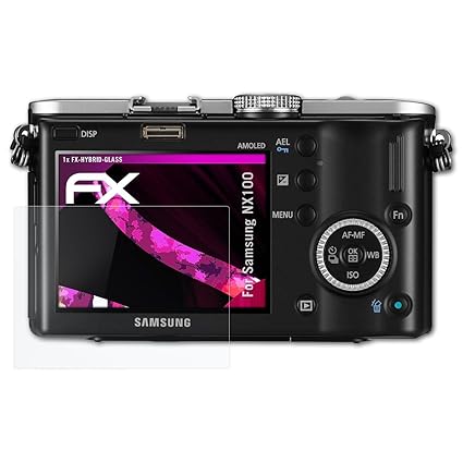 atFoliX Glasfolie kompatibel mit Samsung NX100 Panzerfolie, 9H Hybrid-Glass FX Schutzpanzer Folie