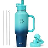 BUZIO Stainless Steel Water Bottle Fits in Cup Holder with Straw Spout Lid, 40 oz Insulated Tumbler with Handle, Double Wall Travel Mug Keep Cold 48hrs Hot 24hrs, Caribbean Blue