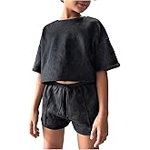 RoseSeek Girl's 2 Piece Summer Outfits Short Sleeve Crop Top and Mini Shorts Casual Matching Set