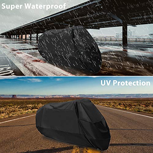 Acelane Waterproof Motorcycle Cover All Weather All Season Vehicle Cover for Indoor Storage Outdoor Protection 210D Durable Material with Lock Holes, Up to 116 inches, Harley Davidson, Honda