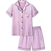 UNICABBIT21 Satin Summer Pajamas for Big Girls Unisex Kids Silk Button Down Short Sleeve & Shorts PJS Size 8-16