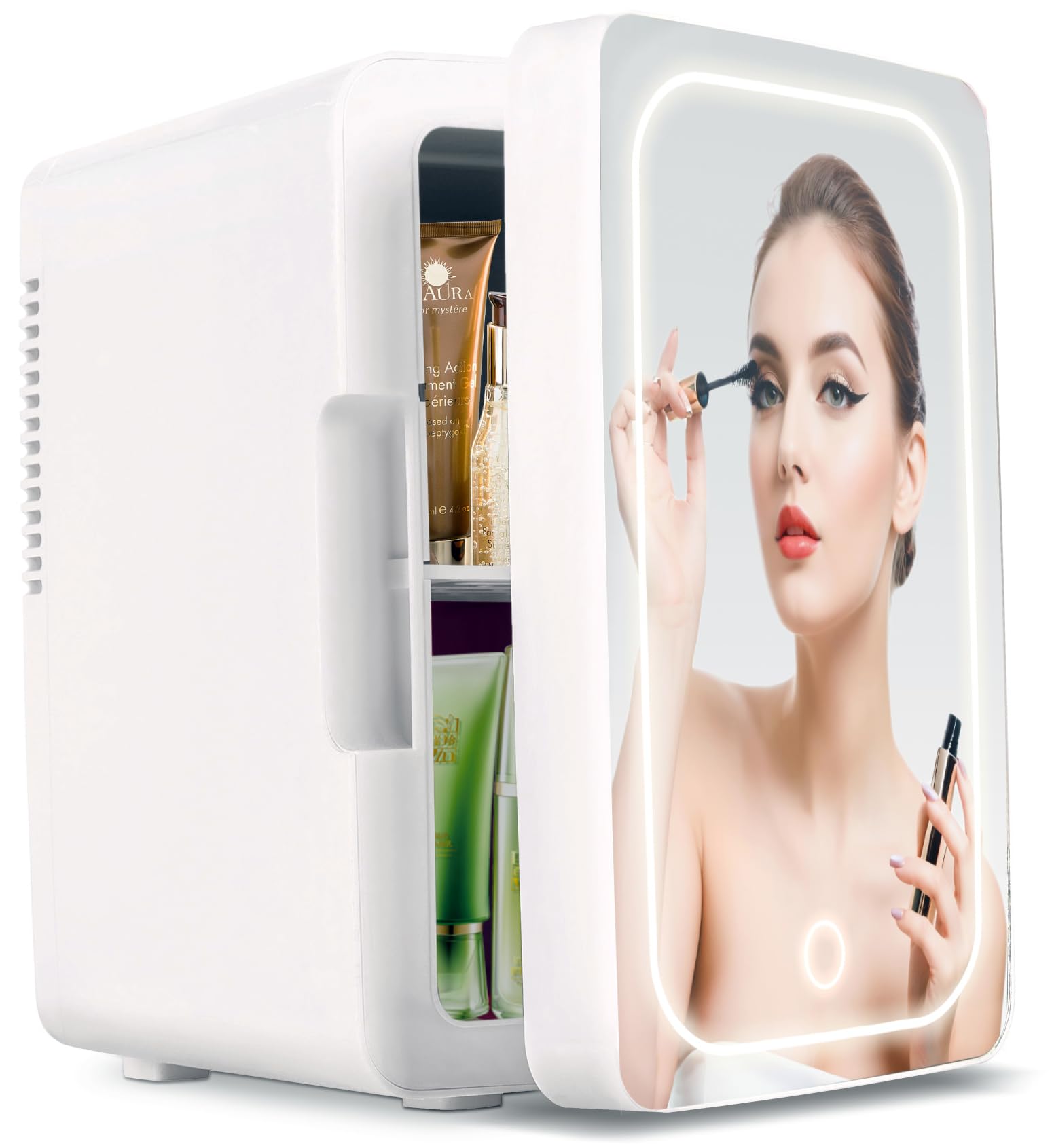 Mini Fridge for Bedroom 6L/8 Cans Skincare Fridge with LED Miroor Portable Cooler & Warmer 110V AC/12V DC Compact Small Refrigerator for Skin Care Cosmetic Beverages Drinks, Office Dorm and Car, White
