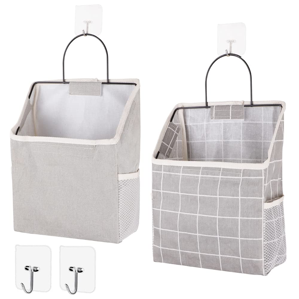 2Pcs Wall Hanging Storage Bag, Over the Door Closet Organizer with Metal Frame, Stylish Hanging Pouches with Side Mesh Pockets, Waterproof Fabric Storage Bag for Bedroom Bathroom Kitchen (Gray,Plaid)