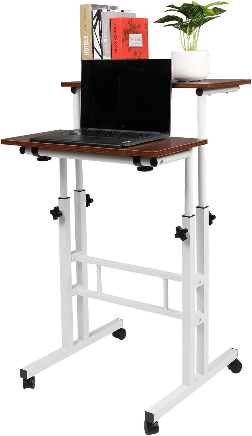 VINGLI Brown Mobile Standing Up Desk, Steel Frame with White Coating, Adjustable Wooden Laptop Desktop with Locking Wheels, Rolling Presentation Cart : Office Products