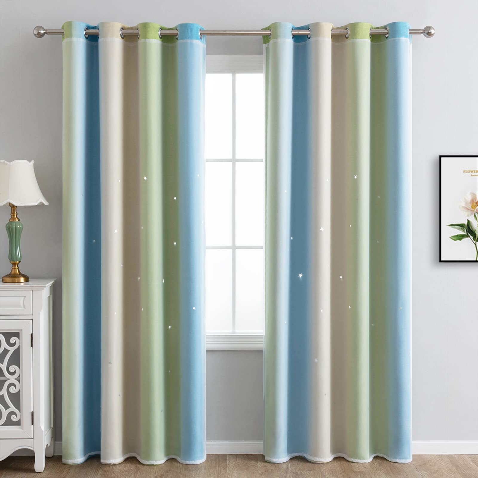 LiveGo Star Curtain Stars Blackout Curtain for Kids Girls Bedroom Living Room Colorful Double Layer Star Window Curtain 2 PANEL(100cm Wide x 130cm Drop) (green, 2 Panels 40"x52")