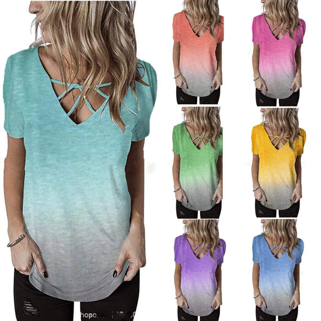 UpBeauty Women V Neck Crossover Gradient Printed T-Shirt Short Sleeve Top Knits & Tees Light Green