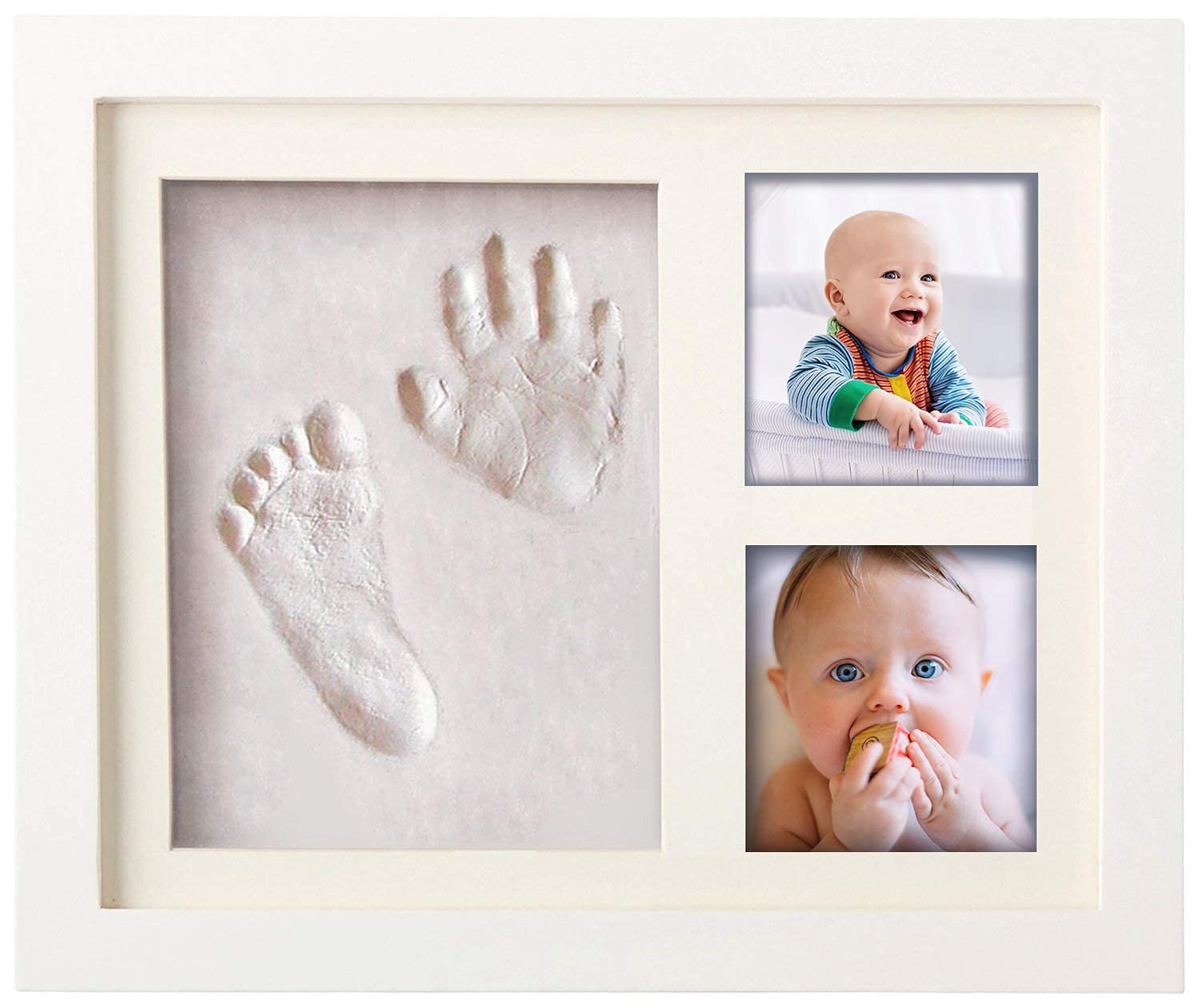Baby Handprint and Footprint Kit - with Real Wood Picture Frame, Acrylic Glass and Placeholder for 2 Baby Photos - Perfect for Newborn Babies, Mothers and Fathers