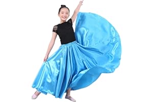 SNOWAQUA Girls Satin Full Circle Long Dance Skirt Ankle Length Shiny Satin Swing Skirt for Girls 8-12 Years Belly Dance Long Skirt