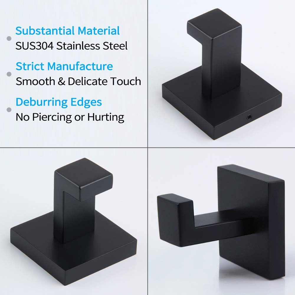 Bath Towel Hook, Angle Simple SUS304 Stainless Steel Shower Towel Holder, Bathroom Robe Hook, Kitchen Dish Towel Hanger, Square Coat Hook, Single Robe Hook for Cabinet Wall Mount, Matte Black - - 